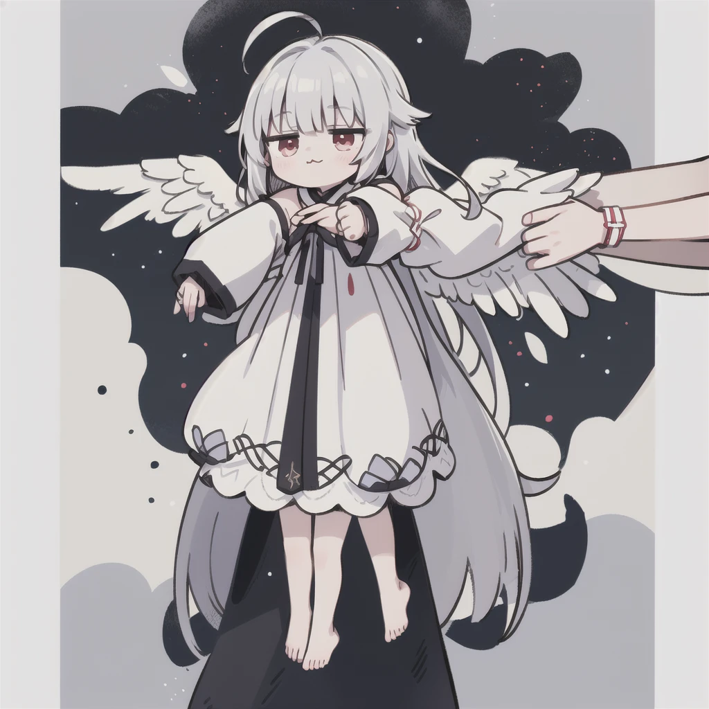 Little,:3,whole body,Ahoge,Incruscorpio,long body,Sundress,  Long Hair, Red eyes, Gray Hair, (Sleeves are longer than the wrist:1.2), (Sleeves are longer than your fingers:1.2),Long sleeve, (Angel Wings:1.2),Angel Wings, Hello, 
 Simple Background, White Background,