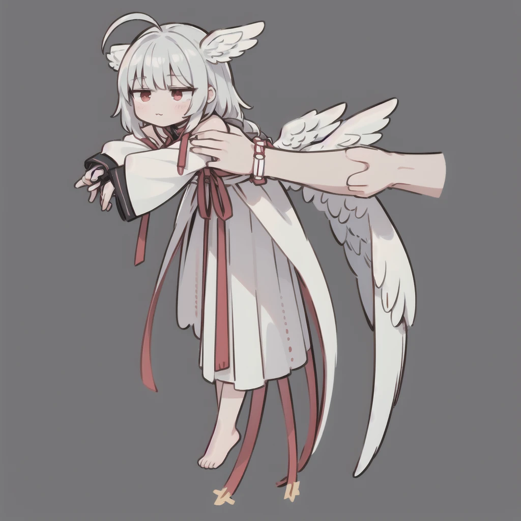 Little,:3,whole body,Ahoge,Incruscorpio,long body,Sundress,  Long Hair, Red eyes, Gray Hair, (Sleeves are longer than the wrist:1.2), (Sleeves are longer than your fingers:1.2),Long sleeve, (Angel Wings:1.2),Angel Wings, Hello, 
 Simple Background, White Background,