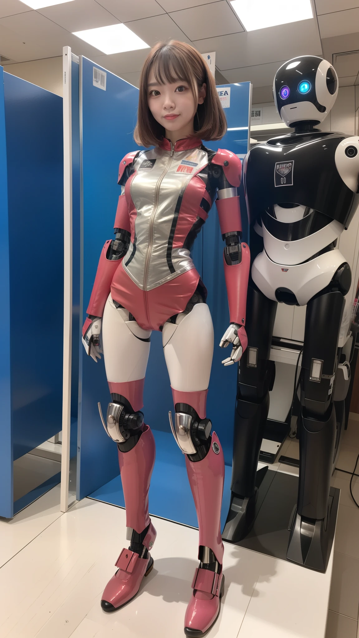Race-queen, silver metallic costume, robot