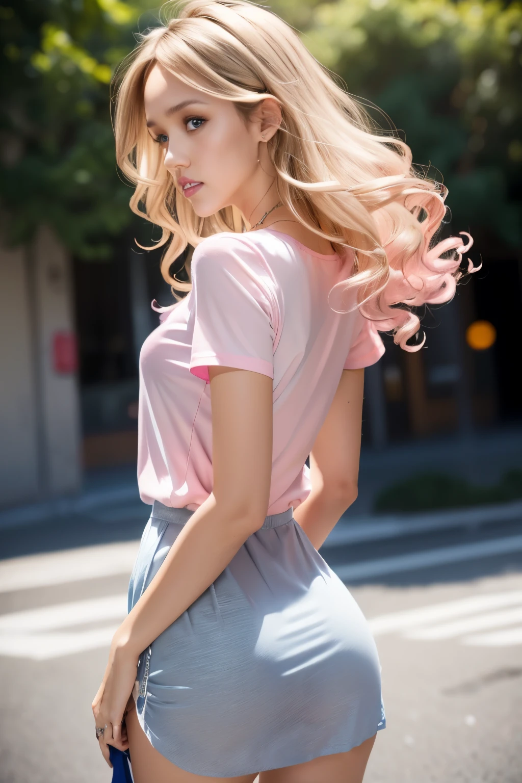 Back view of Jessica Alba,Mini white skirt in the wind,40k, photography, masterpiece, best quality, dark gray background, behind, sfw, (1girl blue eyes and blonde hair soon curly), ass until waiting wearing, (semi shirt aberta_outfit: 1.3), (pink outfit: 1.3).