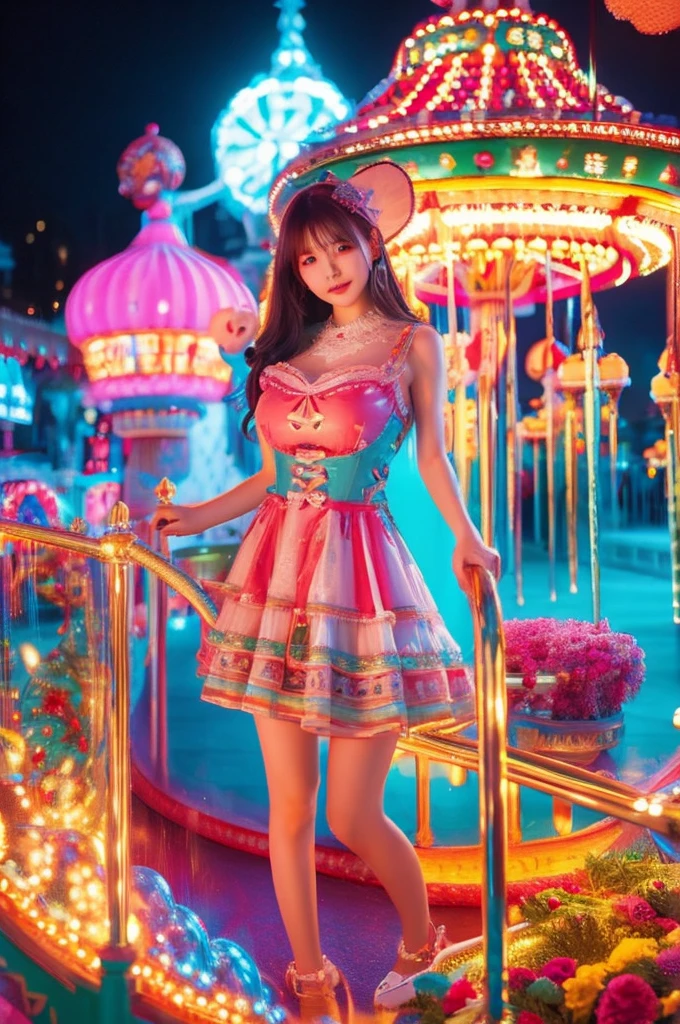 best quality, 8k, highly detailed face and skin texture, high resolution, big tits korean girl in colorfull dress stand in front of merry go round at night, under the light, full body, sharp focus