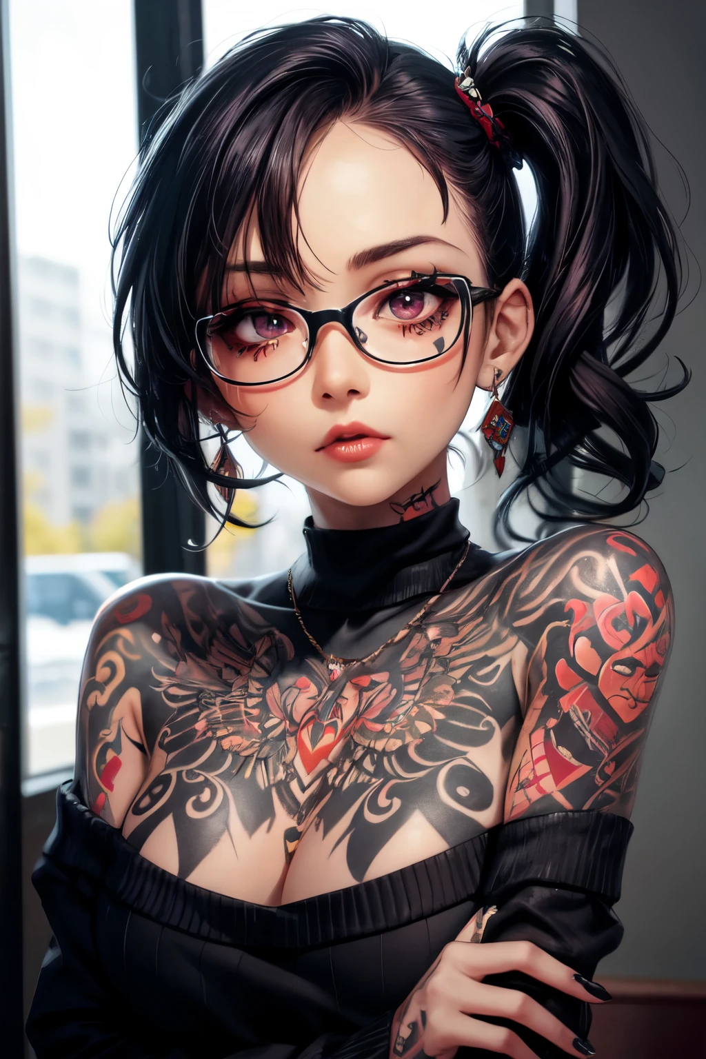 masterpiece, 1girl, beautiful, tattoos, covered in tattoos, tattoos covering body, body being covered in tattoos, arm tattoos, neck tattoos, face tattoos, tattoos on arms, tattoos on neck, punk, street, sweater, off the shoulder, bedroom, mascara, eyeliner, smoky eyes, smokey eyes, evil, side ponytail, bangs, glasses