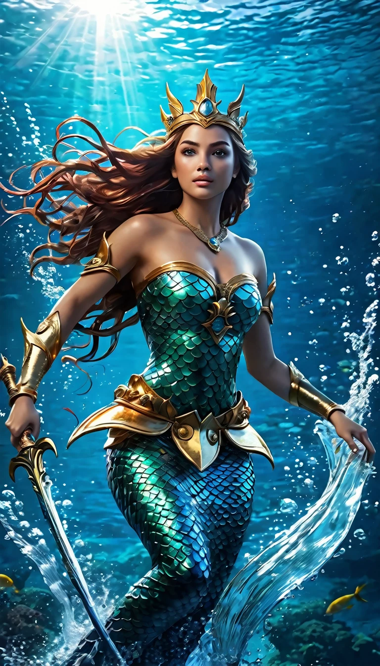 (full body shot:1.4), a brave warrior mermaid princess, minimalist armor, royal diadem on her head, fighting with enemy in deep ocean, (best quality,4k,8k,highres,masterpiece:1.2),ultra-detailed,(realistic,photorealistic,photo-realistic:1.37),detailed face, beautiful eyes, sharp focus, vibrant colors, dramatic lighting, underwater scene, dynamic pose, splashing water, fantasy, digital art, wide angle