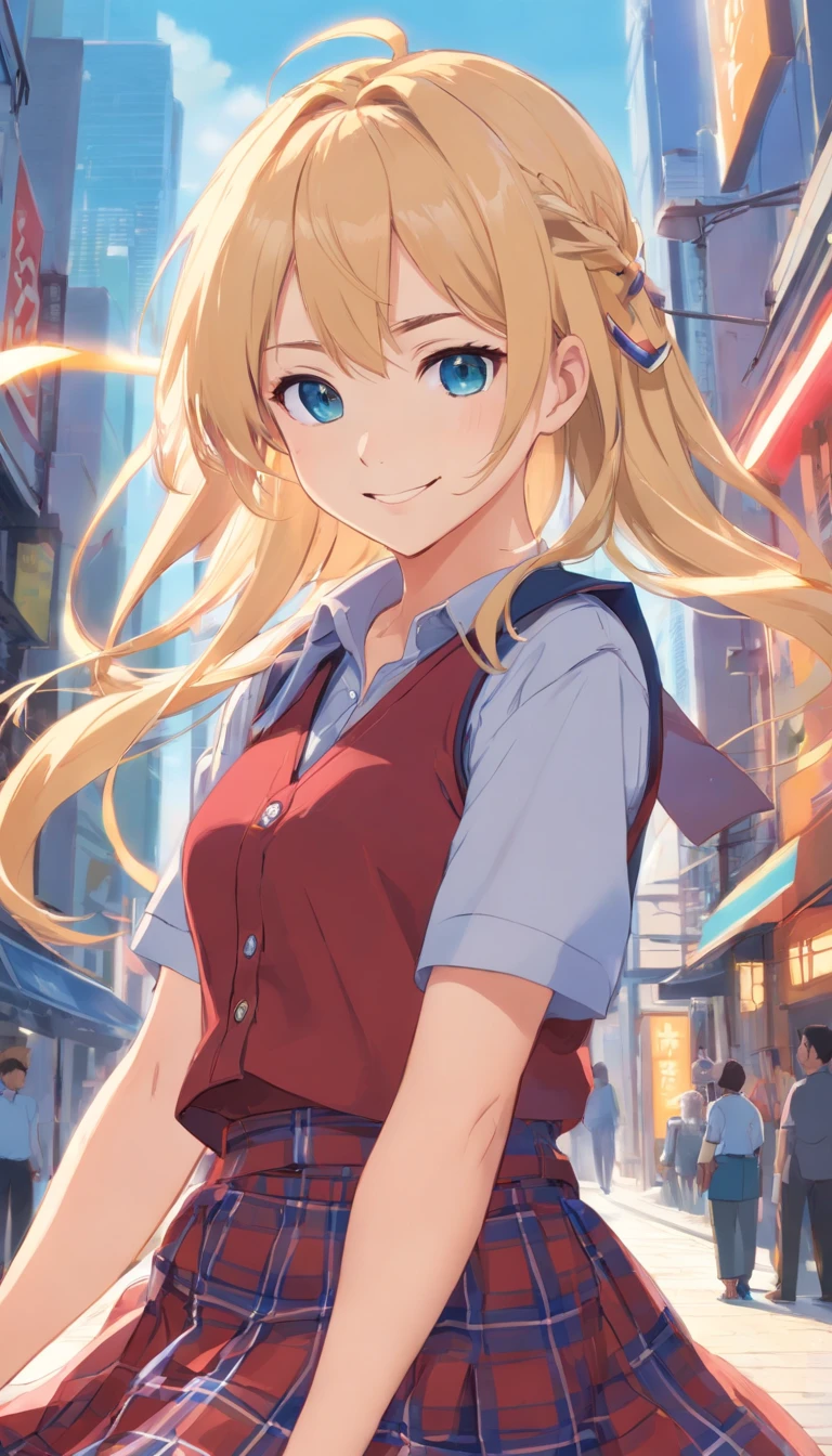 1girl, solo, long hair, looking at viewer, smile, bangs, blue eyes, skirt, blonde hair, shirt, ribbon, , short sleeves, cowboy shot, blunt bangs, vest, plaid, neck ribbon, red skirt, plaid skirt