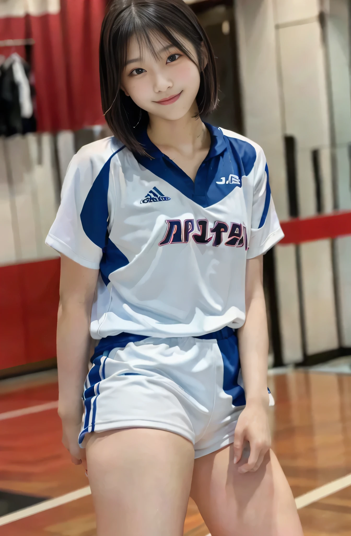 (Masterpiece, High Definition, Ultra High Definition, 4K) Black Short hair, 18 years old Japan girl, emphasizing thighs, white thighs, glossy thighs, volleyball uniform