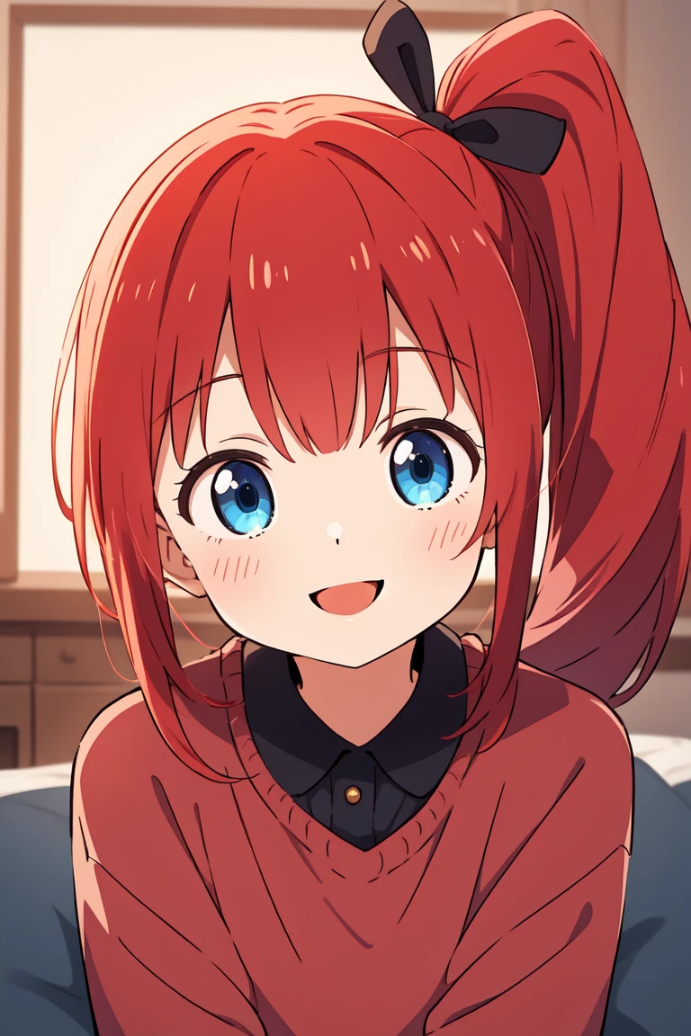 Red hair girl, side ponytail, beautiful blue eyes, cozy sweaters, beautiful, happy face, ribbon in the background
