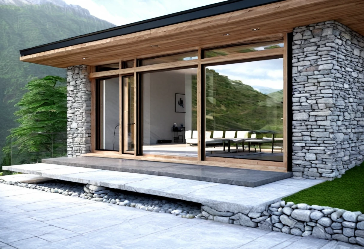 A small modern mountain house with a glass facade, single floor, beautiful detailed architecture, minimalist design, seamless integration with the natural landscape, large windows, wooden elements, clean lines, natural lighting, scenic mountain view, lush greenery surrounding the house, stone accents, panoramic windows, contemporary interior design, high-quality materials, photorealistic, cinematic lighting, ultra-detailed, 8k, masterpiece