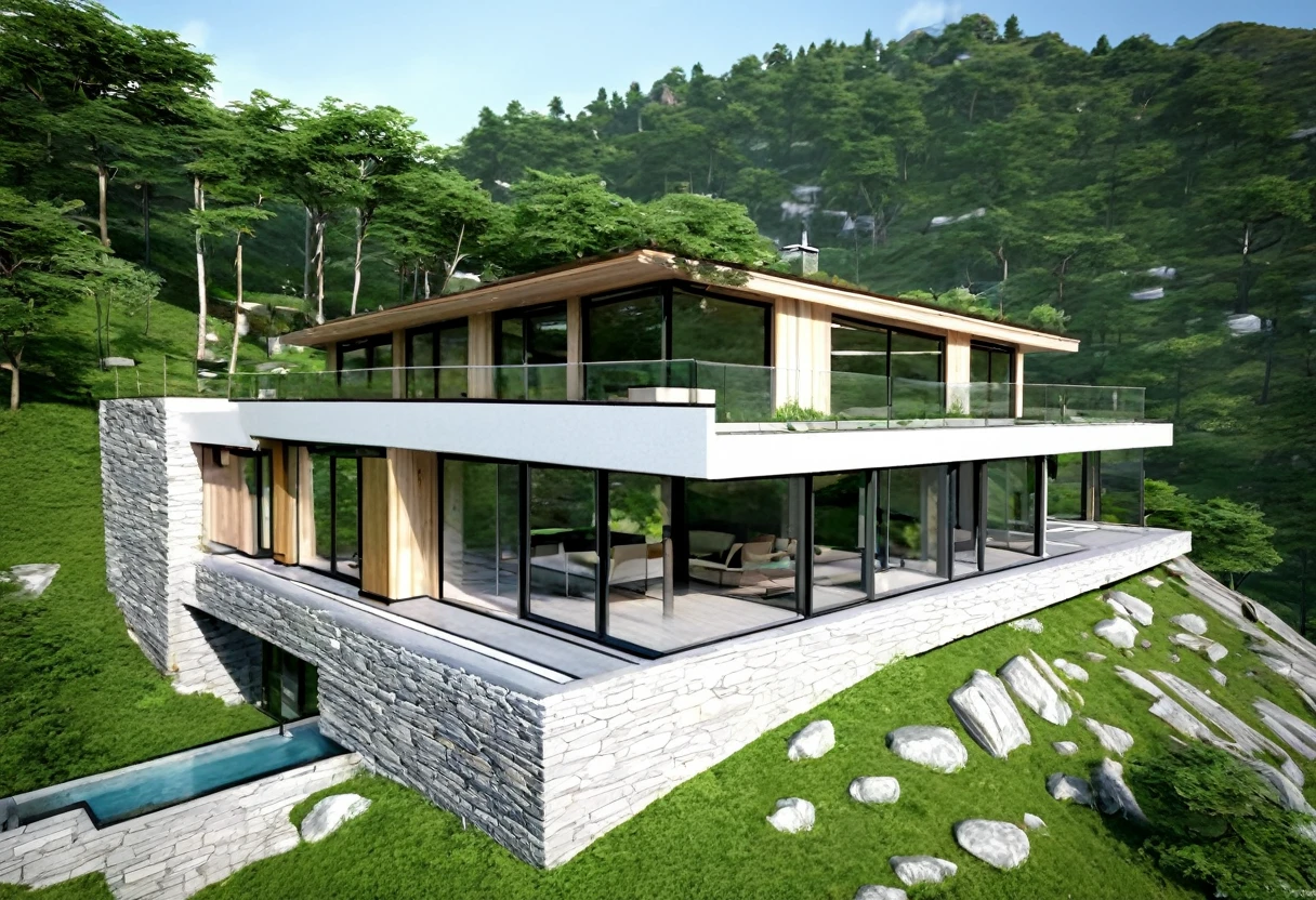 A small modern mountain house with a glass facade, single floor, beautiful detailed architecture, minimalist design, seamless integration with the natural landscape, large windows, wooden elements, clean lines, natural lighting, scenic mountain view, lush greenery surrounding the house, stone accents, panoramic windows, contemporary interior design, high-quality materials, photorealistic, cinematic lighting, ultra-detailed, 8k, masterpiece