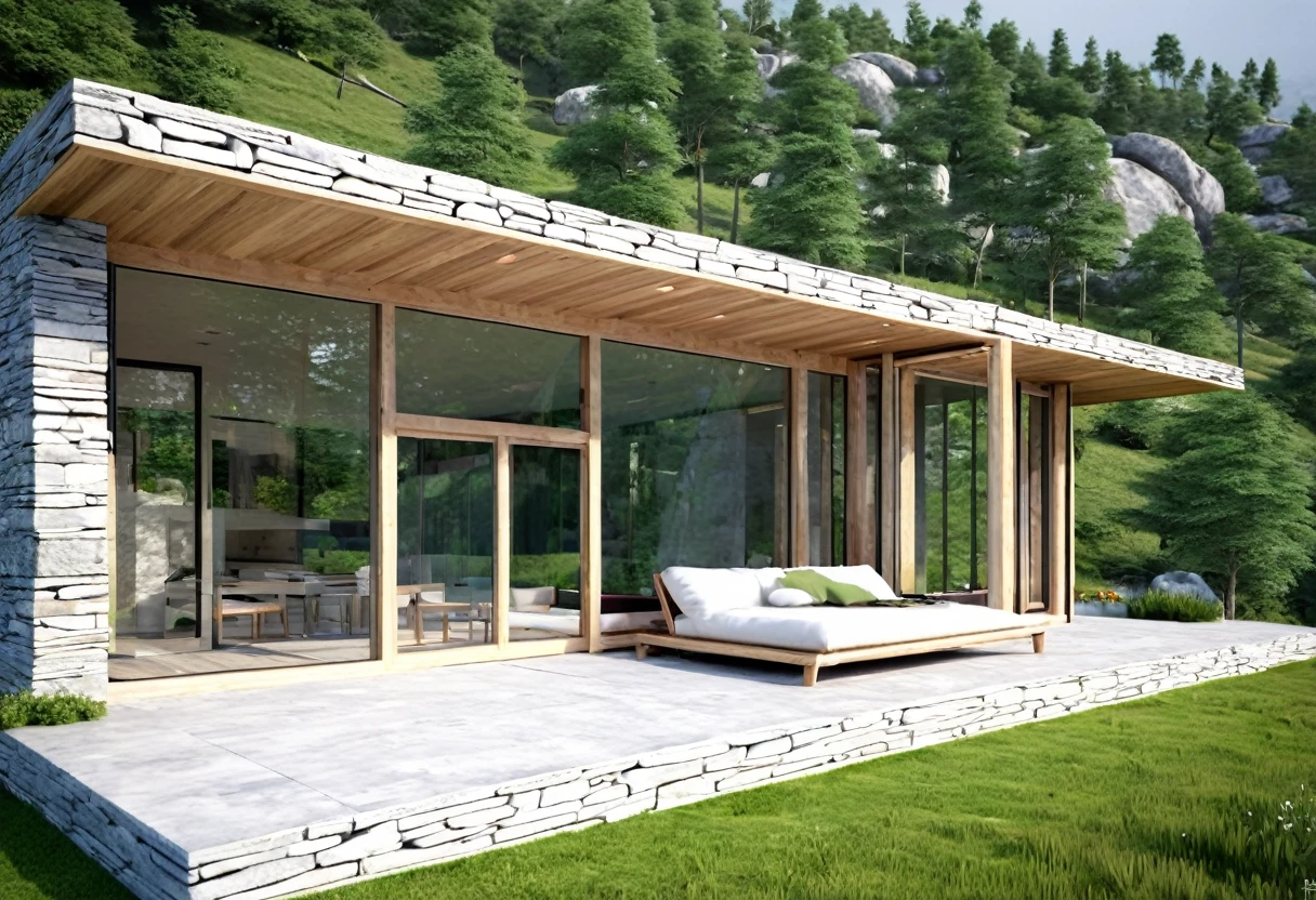 A small modern mountain house with a glass facade, single floor, beautiful detailed architecture, minimalist design, seamless integration with the natural landscape, large windows, wooden elements, clean lines, natural lighting, scenic mountain view, lush greenery surrounding the house, stone accents, panoramic windows, contemporary interior design, high-quality materials, photorealistic, cinematic lighting, ultra-detailed, 8k, masterpiece