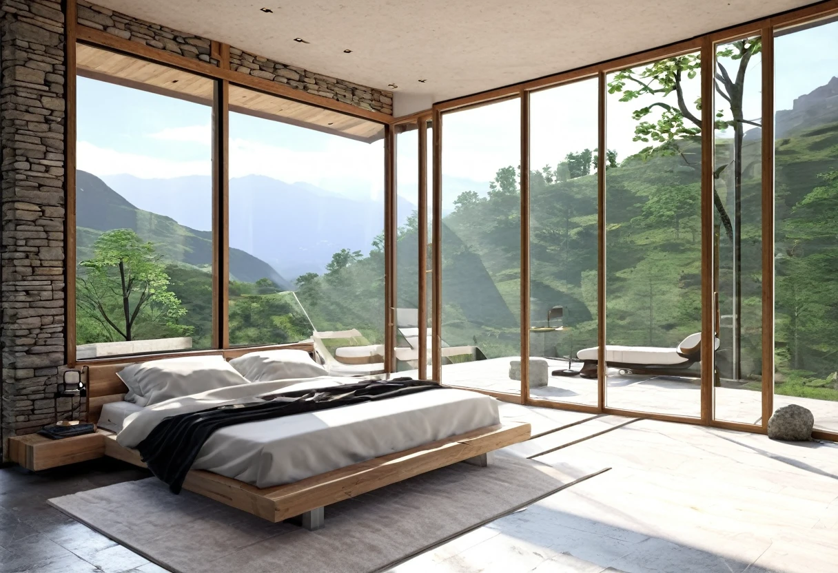 A small modern mountain house with a glass facade, single floor, beautiful detailed architecture, minimalist design, seamless integration with the natural landscape, large windows, wooden elements, clean lines, natural lighting, scenic mountain view, lush greenery surrounding the house, stone accents, panoramic windows, contemporary interior design, high-quality materials, photorealistic, cinematic lighting, ultra-detailed, 8k, masterpiece