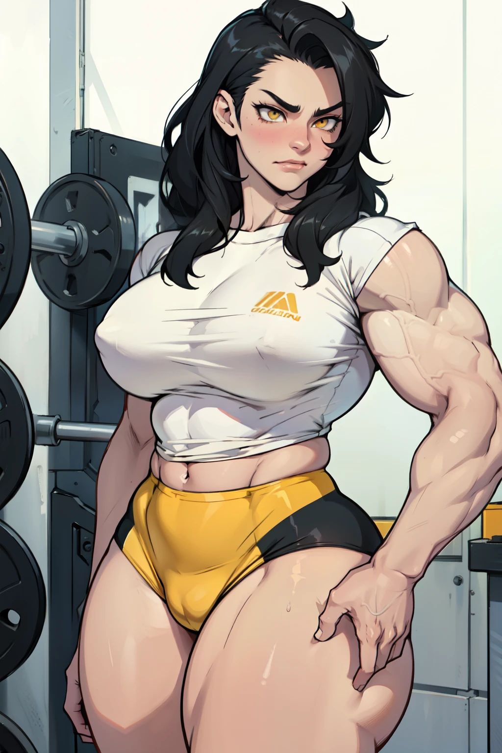((1girl)) pale skin (large ) (muscular) toned body thick thighs black hair yellow eyes (long hair) bodybuilder tight shirt blushing (seductive expression)