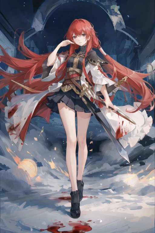 Eliminate the Masterpiece, best quality, Ultra-high quality CG, Elijah I, 1 girl, Solitary, Red long hair, Looking at the audience, skirt, Wide sleeves, black skirt, Blood-red, wielding a sword, frenzy, blood