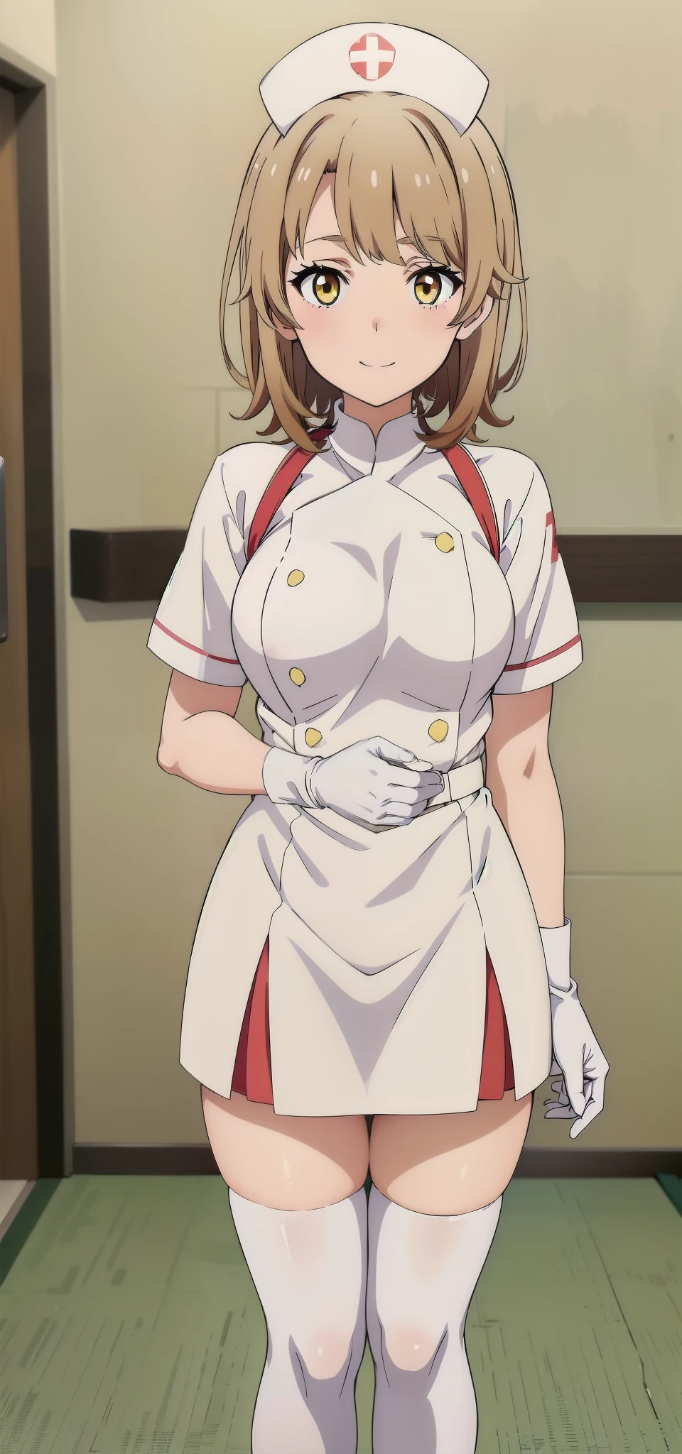 iroha, short hair, brown hair, yellow eyes, solo, nurse, ((white nurse cap, white nurse's outfit)), ((white legwear, zettai ryouiki)), white gloves, smile, standing, hospital room, sharp outline, short sleeves, best quality, masterpiece