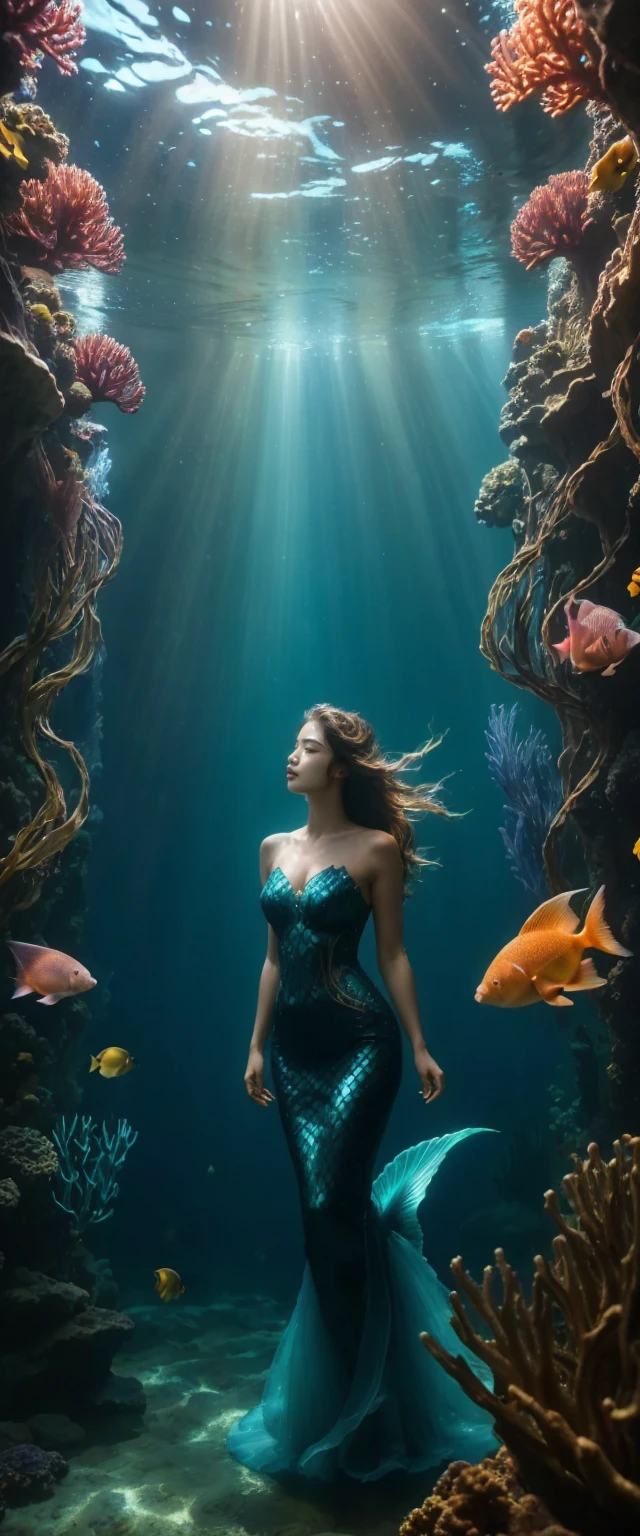 1girl,mermaid,underwater,coral,vines,fullbody,cinematic lighting,high quality,8k,hyper detailed,photorealistic,dramatic lighting,fantasy,surreal,moody atmosphere,dark colors,deep sea,((8k, RAW photo, highest quality, analog style, sharp focus, volumetric fog,dslr, film grain, Fujifilm XT3realistic:2, masterpiece, ultra high resolution, CG 8K wallpapers)),