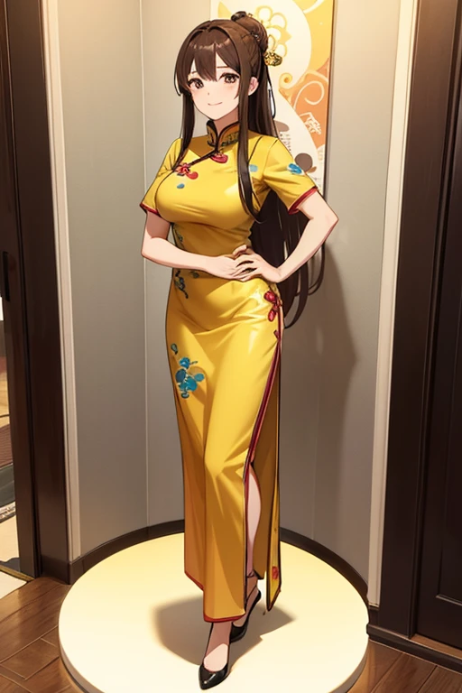 Anime drawings、Full body portrait、Space SF Chef、A female chef, about 170cm tall and about 35 years old, wearing a gold Chinese dress, carrying food.、Smiling、Medium-long straight hair tied up、Brown Hair、Gorgeous hair ornament