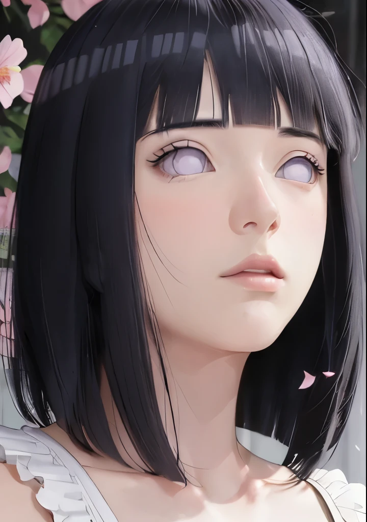 masterpiece, absurdres, hinata\(boruto\), 1girl, solo,mature female, maxi knit dress, looking at viewer, (falling petals), perfect composition, detailed lips, voluptuous, beautiful face, body propotion, blush, (pink lips), long hair, purple eyes, soft gaze, super realistic, detailed, photoshoot, realistic face and body