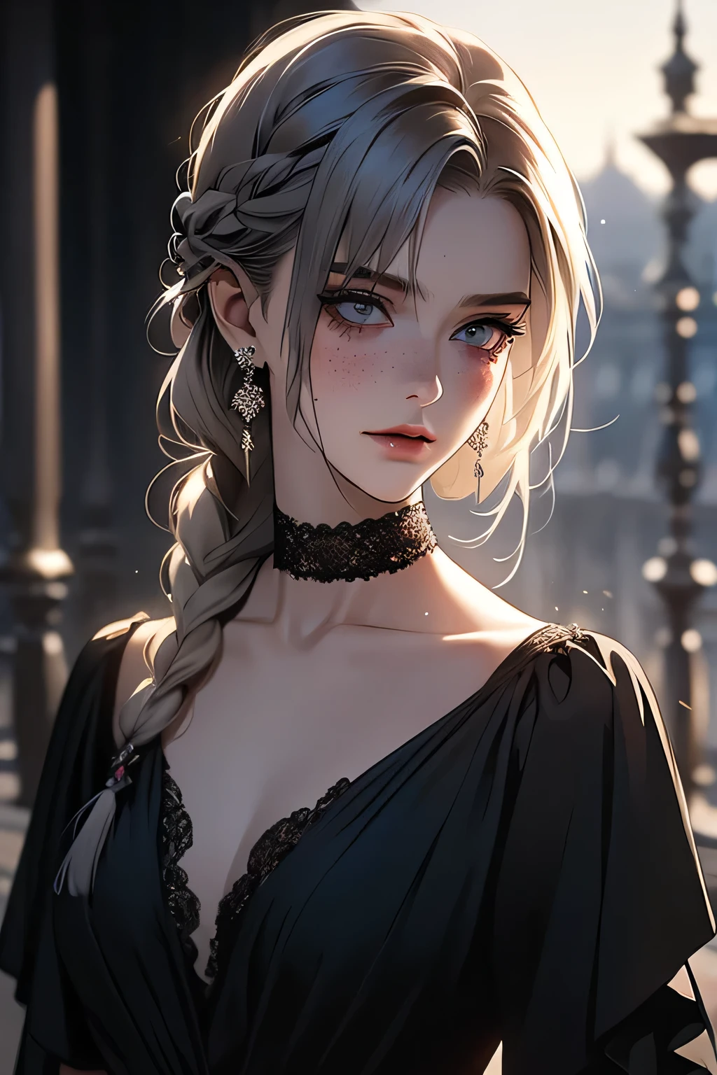 Sadhishink, movie「La Vete」in, By Valerian Borowczyk, erotic, 1 of 1 girls, black_eye, Blurred, Blurred_background, Braiding, choker, depth_of_Field, dress, Earrings, eyelash, freckles, hair_that's all_shoulder, jewelry, lips, length_hair, length_sleeve, Looking_in_Audience, necklace, Between, Inflated_length_sleeve, Inflated_sleeve, Realistic, single_Braiding, One person in, twin_Braidings, upper_body, masterpiece, 最high quality, high quality, High resolution, (((Face of close up)))、Super big