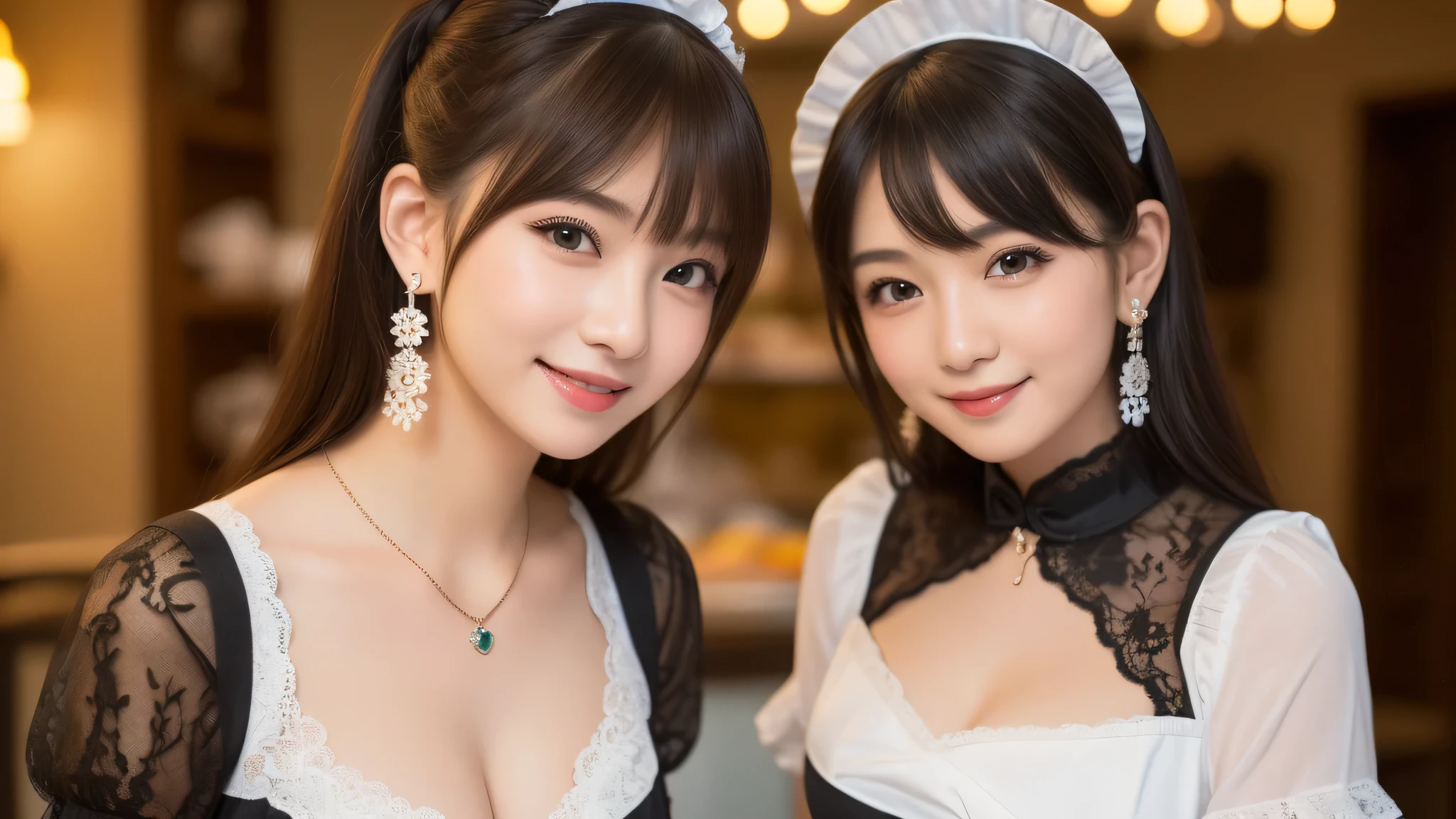 kawaii face, (2girl), (cute smile:1.2), (Super gorgeous lace maid costume:1.4), (ots of lace decorations, earrings, necklace), (costume with frills, mini skirt), cleavage, (best Quality:1.4), (hyper-realistic, hight resolution), Professional Photography, standing, Indoor, (maid cafe), Close up portrait of girl, staring at me, (Fine face:1.2),