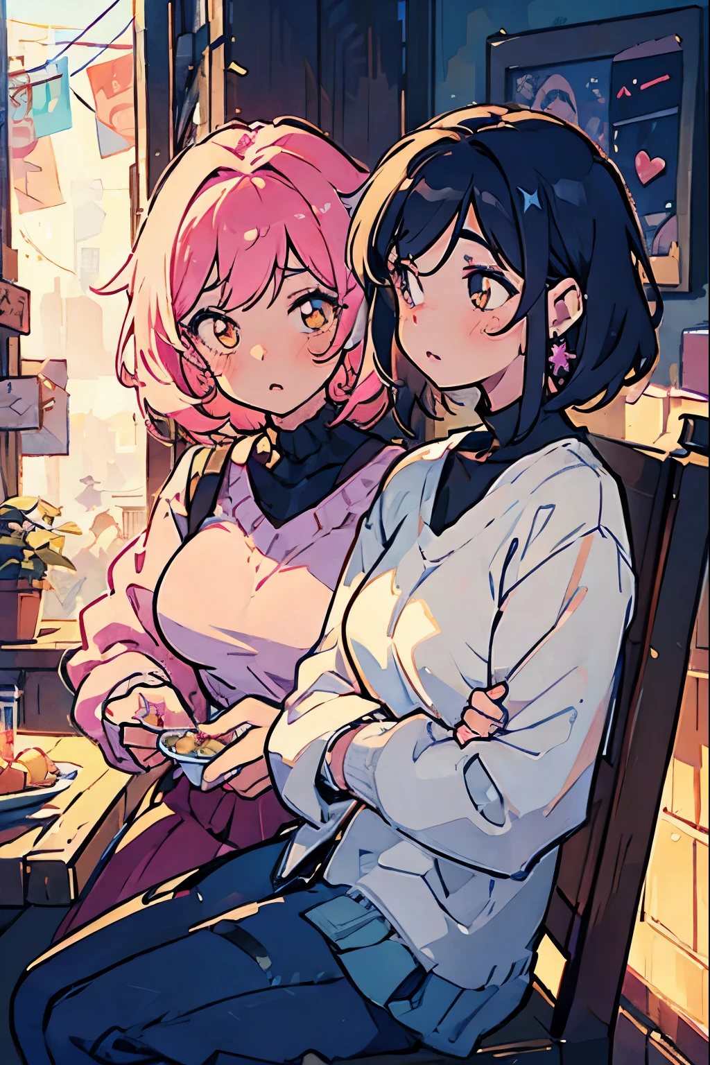 Two girlfriends, two girls, girlfriends, sapphic women, in love, sweet, loving, cute, pretty, opposite aesthetics, matching piercings, high quality, cute makeup, big juicy lips, juicy, big, mature, tension, big chests, chests, cuteness, lovey dovey, strong expressions, pretty, sweet image, cute date idea, date aesthetics, girlxgirl