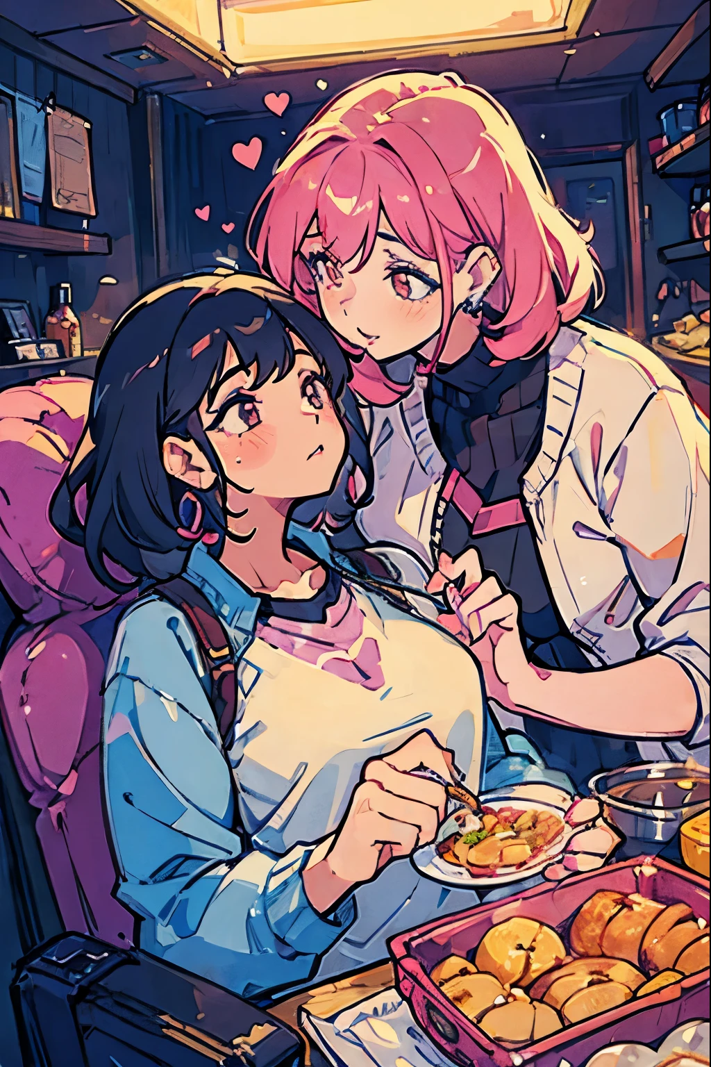 Two girlfriends, two girls, girlfriends, sapphic women, in love, sweet, loving, cute, pretty, opposite aesthetics, matching piercings, high quality, cute makeup, big juicy lips, juicy, big, mature, tension, big chests, chests, cuteness, lovey dovey, strong expressions, pretty, sweet image, cute date idea, date aesthetics, girlxgirl
