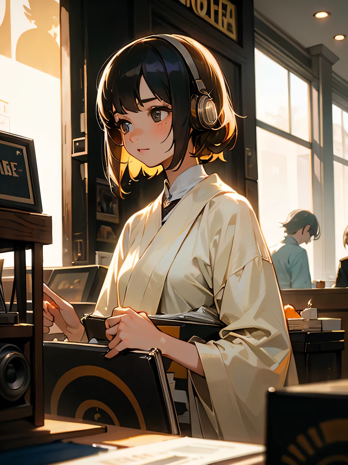 solo, upperbody, girl listening to records, classical clothes, coffee shop, nostalgic mind,