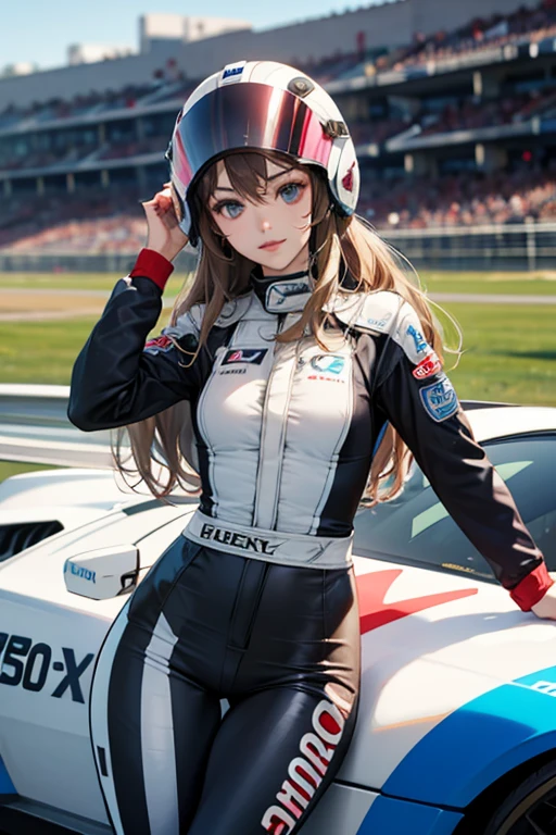 Female racing driver、Racing Suits、long hair、Helmet、