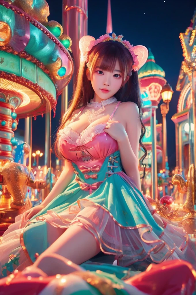 best quality, 8k, highly detailed face and skin texture, high resolution, huge tits korean girl in colorfull dress stand in front of merry go round at night, under the light, full body, sharp focus