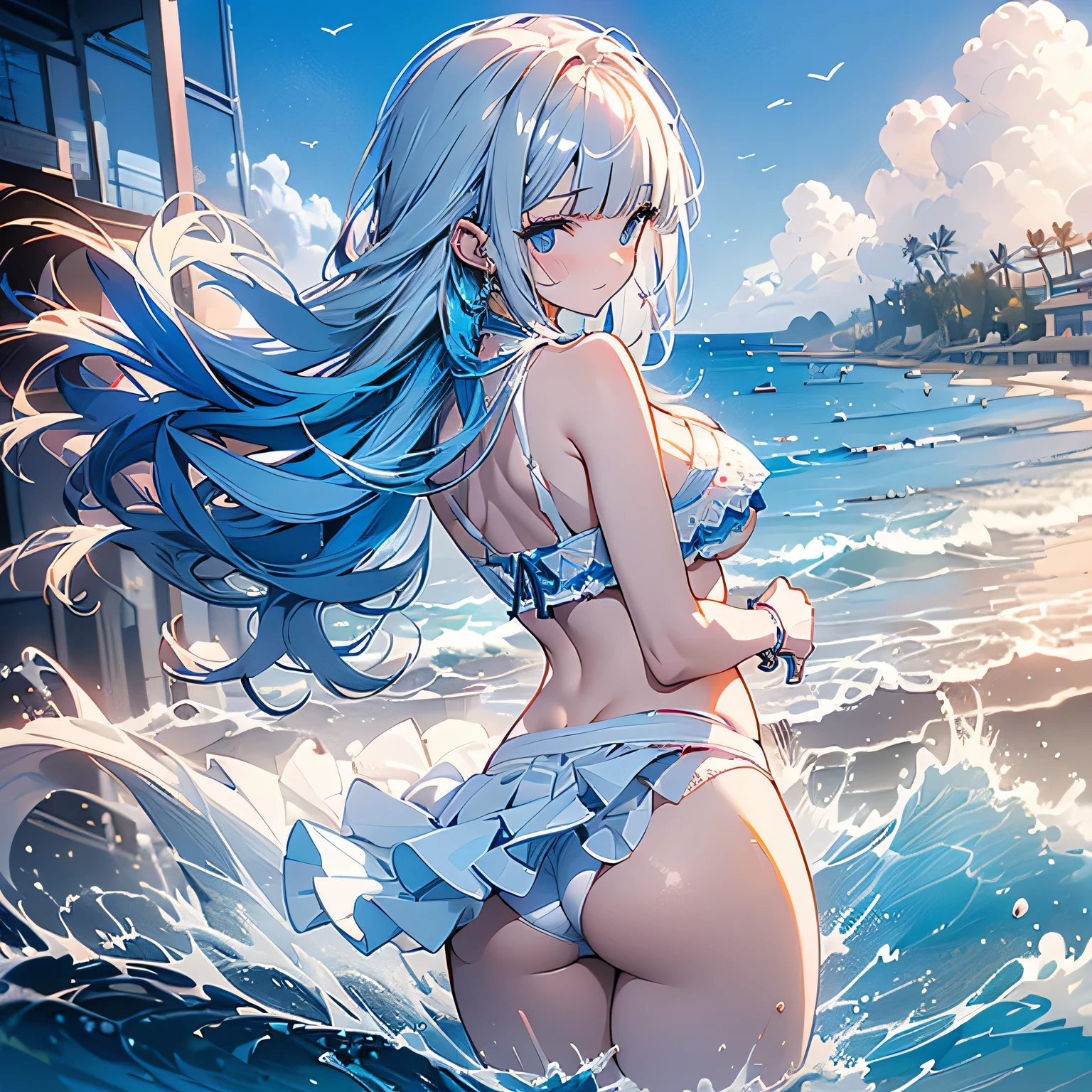 (Vulgar,nsfw),
((panty shot)),((lifting skirt)),((white panties focus)),(beautiful elegant white panties),♥low angle,from below,
♥full body,(looking back at the viewer),(sexy elegant blue bikini),high angle,from above,cleavage,((1girl,cute,young,semi long beautiful silver hair,blunt bangs,beautiful blue eyes,medium boobs)),(beautiful beach,sand,waves,blue sky),(solo),(bathing in the sea), innocent smile,cinematic lighting and pause,
♥low angle,from ground,panty patterns