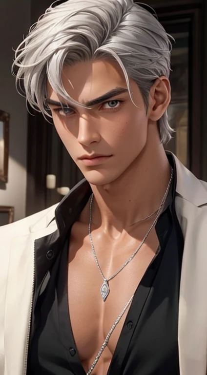 1 boy,Handsome,tall and strong,perfect male figure, eyes looking at camera, ((tanned skin)), Museum,silver hair,serious expression,necklace,Ray tracing