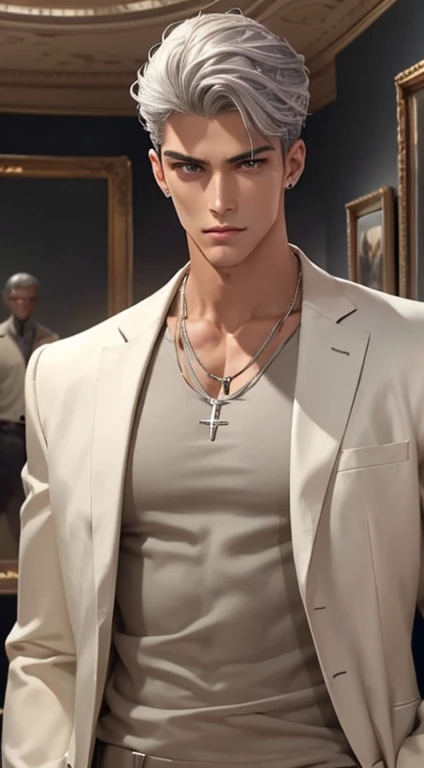 1 boy,Handsome,tall and strong,perfect male figure, eyes looking at camera, ((tanned skin)), Museum,silver hair,serious expression,necklace,Ray tracing