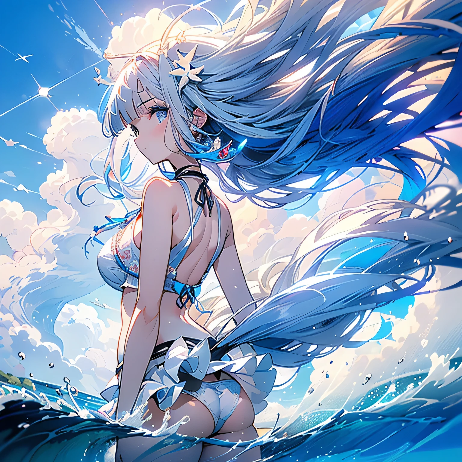 (Vulgar,nsfw),
((panty shot)),((lifting skirt)),((white panties focus)),(beautiful elegant white panties),♥low angle,from below,
♥full body,(looking back at the viewer),(sexy elegant blue bikini),high angle,from above,cleavage,((1girl,cute,young,semi long beautiful silver hair,blunt bangs,beautiful blue eyes,medium boobs)),(beautiful beach,sand,waves,blue sky),(solo),(bathing in the sea), innocent smile,cinematic lighting and pause,
♥low angle,from ground,panty patterns