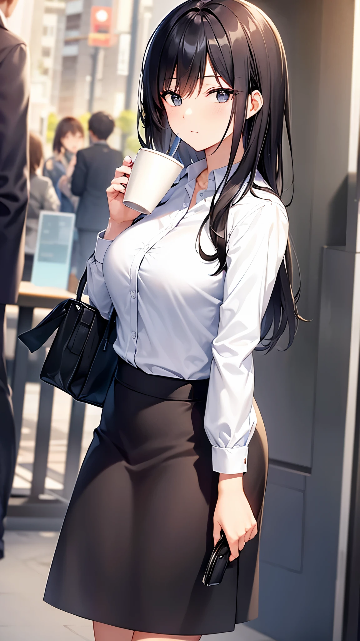 Beautiful black-haired office lady walking while drinking a cup of coffee

