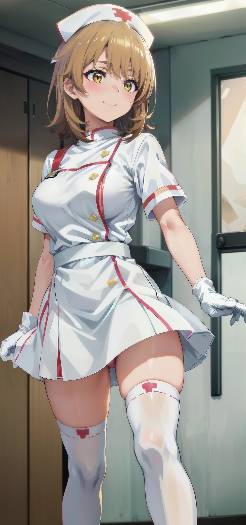iroha, short hair, brown hair, yellow eyes, solo, nurse, ((white nurse cap, white nurse's outfit)), ((white legwear, zettai ryouiki)), white gloves, smile, standing, hospital room, sharp outline, short sleeves, best quality, masterpiece