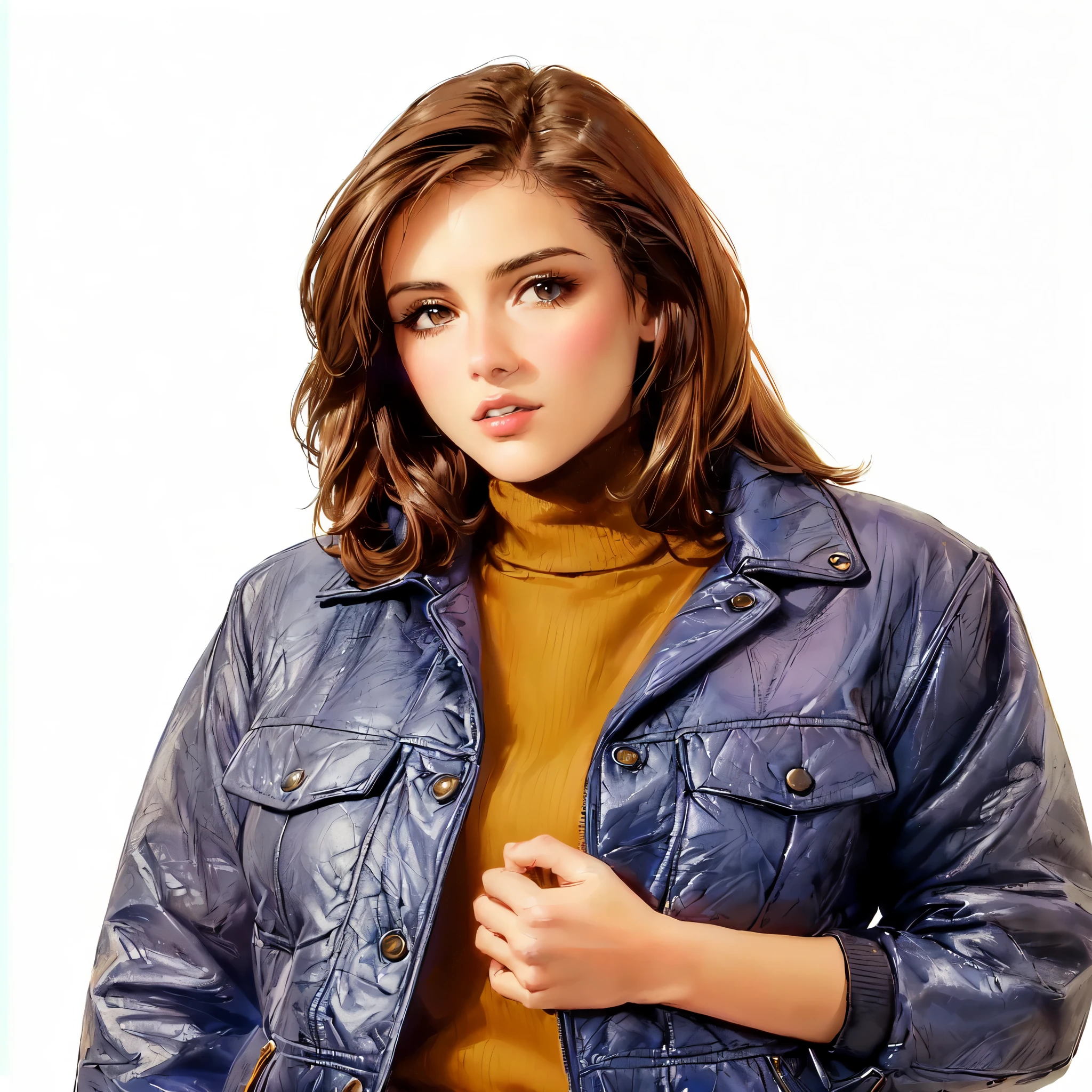 arafed woman in a blue jacket and a brown turtleneck, promotional picture, wearing a turtleneck and jacket, photo of a model, looks like laura barriales, promo shot, sil from species, taken in the mid 2000s, wearing brown leather jacket, taken in the late 2000s, with short straight black hair