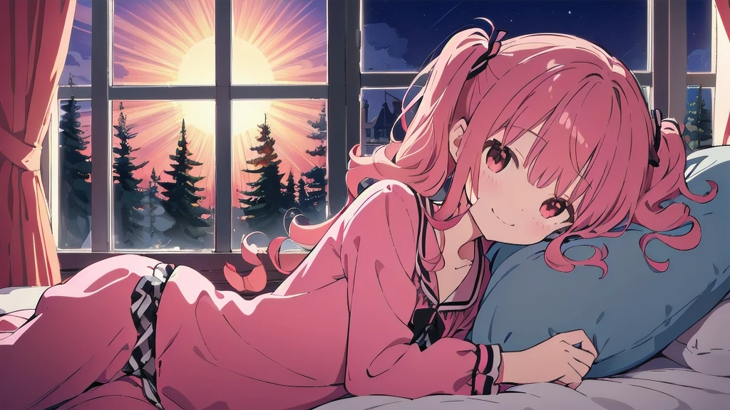 Very detailed, Detailed Background, (highest quality, masterpiece, High resolution), One Girl, Modest, (Curly Hair:1.4), Twin tails, smile, Center of chest, Pink Hair, Upper Body, pajamas, Long Hair、 (night:1.4)、I can see the grassland from the window, Dimly lit room, Co-sleeping style,