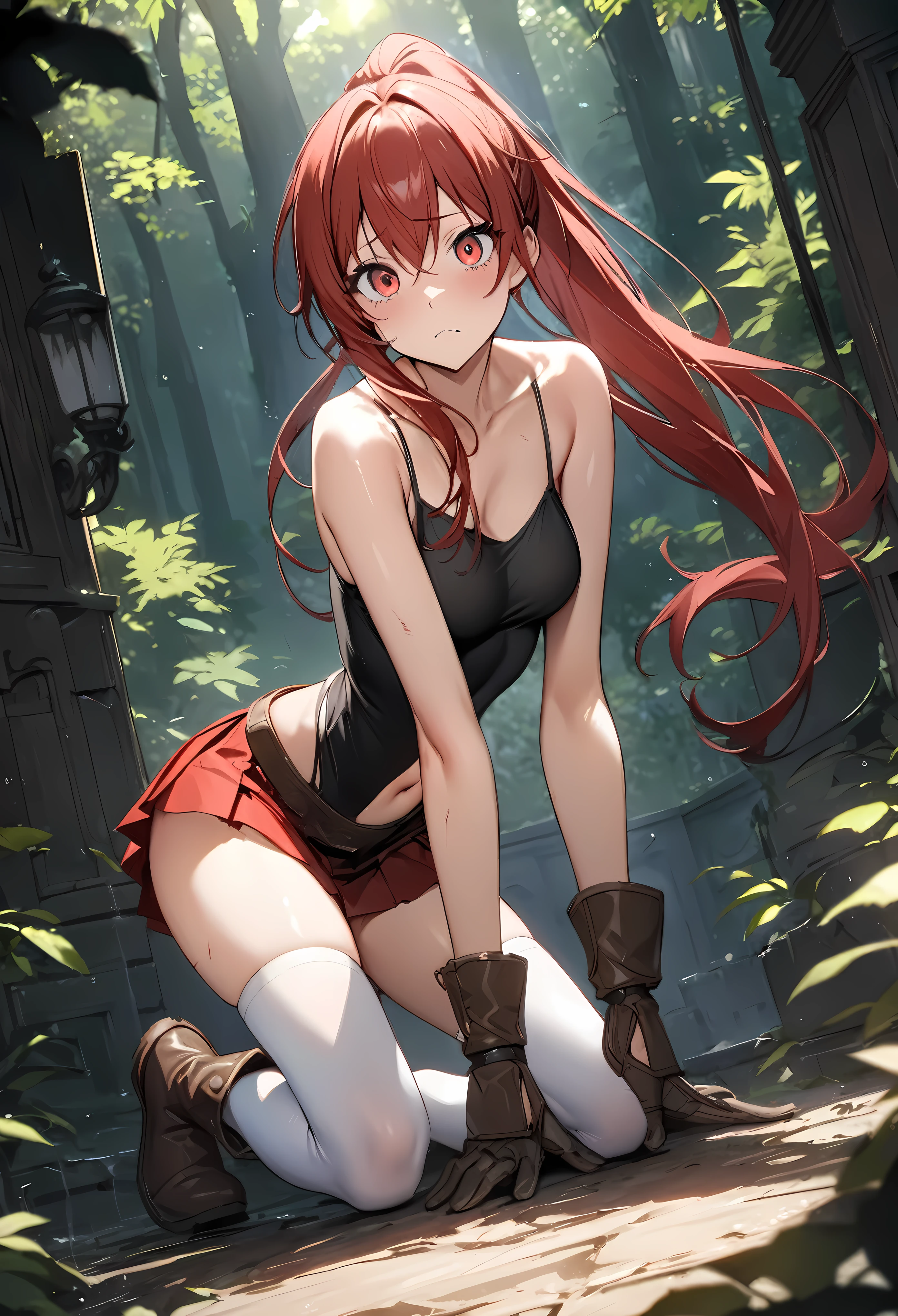 ((masterpiece, highest quality:1.3)),Thief、Invaded the mansion、cowboy shot,25 year old beauty,solo,((very small head)),red hair,ponytail hair,long hair,red eyes,blunt,skinny,medium breasts,((long body)),slender body,skinny,shiny skin,oily skin,Surprised、Looking up at the viewer、(Tight black camisole、Crop length)、navel、Short sleeve、Brown Leather Gauntlets、Pleated red mini skirt、white_thighhighs、Leather short boots、Injury、trap、kneeling,Old big mansion、forest、Sunlight filtering through the trees、