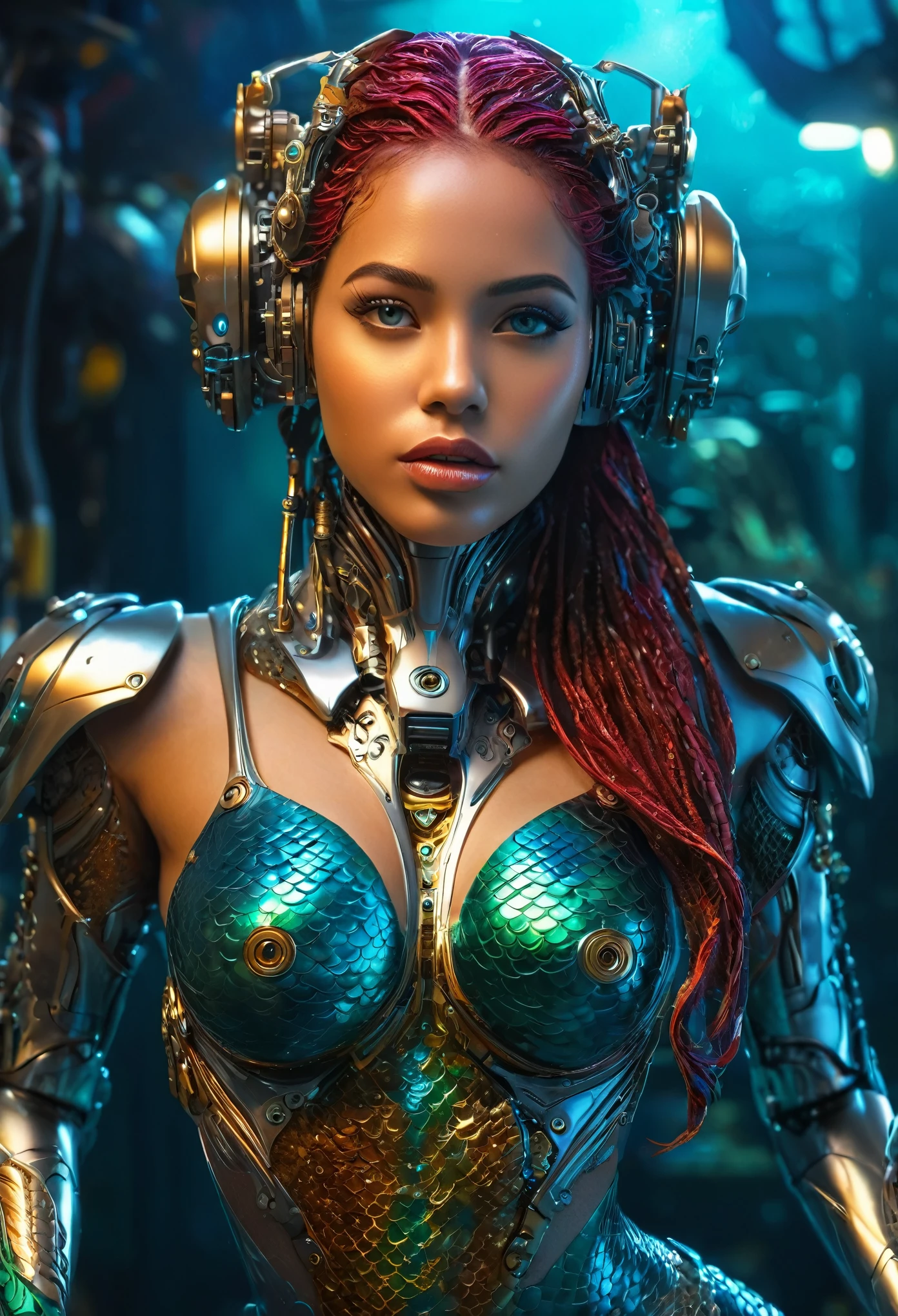 mermaid, cyborg, full body, detailed face, beautiful eyes, detailed lips, intricate details, mechanical parts, futuristic, digital art, 8K, photorealistic, dramatic lighting, vibrant colors, cinematic, award-winning art