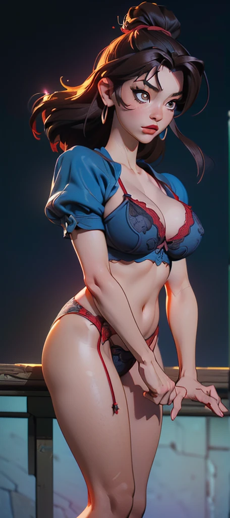 ((best quality, ultra-detailed, detailed background, depth of field, volumetric lighting, absurdity)), 2 beautiful women(( beautiful,  chun-li (( japonese girl, 18s, black hair,  big breasts, blue lingerie)),mai shiranui (( brown hair, 19s , beautiful, big breasts,  red lingerie)))) hugging each other.