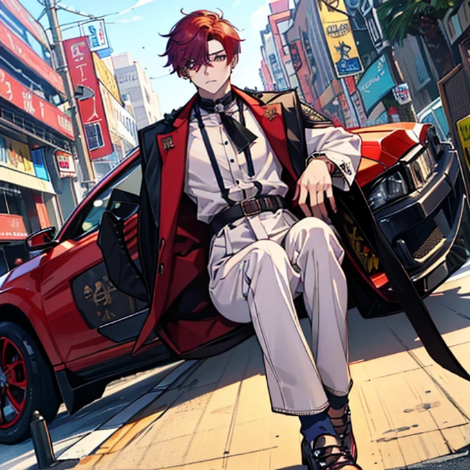 full body, 1 boy, Hair in one eye, highest quality, Superlative, detailed Nadityr, male, male, fair skin, neckline, scarlet color hair, summer casual clothes,sagging eyebrows, violet color eyes, bangs over one eye, mullet hairstyle, yellow colored inner hair,