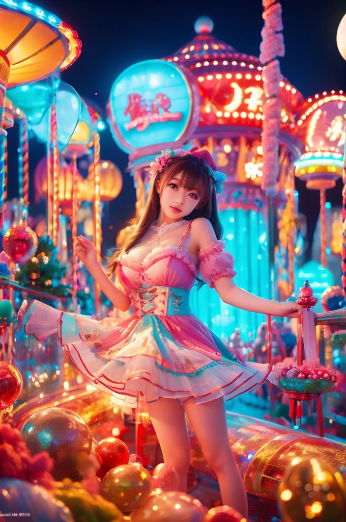 best quality, 8k, highly detailed face and skin texture, high resolution, huge tits japanese girl in colorfull dress stand in front of merry go round at night, under the light, full body, sharp focus