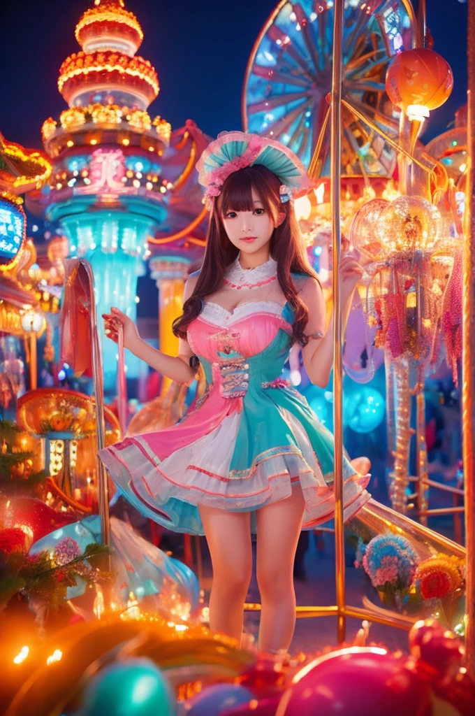 best quality, 8k, highly detailed face and skin texture, high resolution, huge tits japanese girl in colorfull dress stand in front of merry go round at night, under the light, full body, sharp focus