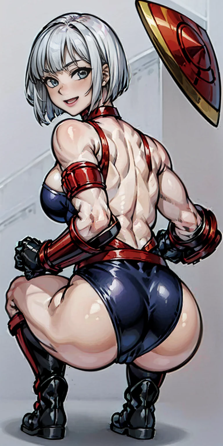 Female full body SQUATTING back to me, ((Plain background 1:2)) (Cammy White Street Fighter white silver short bob haircut) RED full body armored, cleavage, leather collar choker, happy smile red cheeks, red gloves gauntlets, red military boots