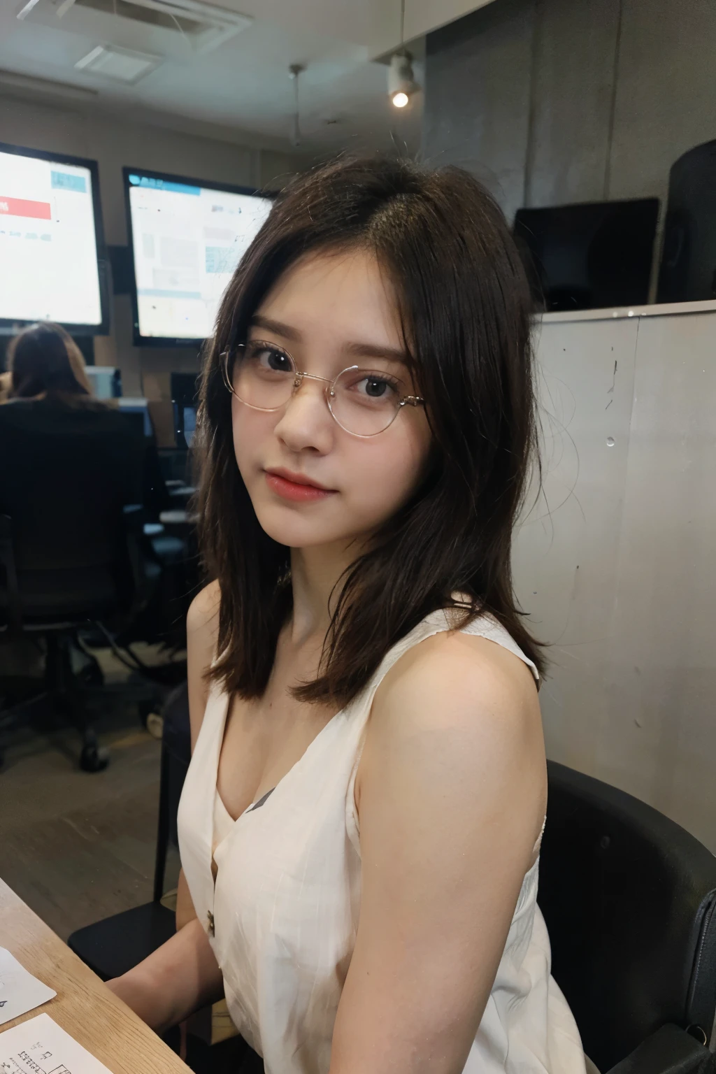 "A professional and elegant female news anchor with a polished and sophisticated appearance. She has smooth, straight hair styled in a neat, shoulder-length bob. Her eyes are sharp and intelligent behind a pair of stylish, sleek glasses. She wears a tailored blazer over a crisp white blouse, giving her a formal and authoritative look. She sits at a news desk with a microphone and papers in front of her, ready to deliver the latest news with confidence and poise. Her expression is calm and composed, exuding professionalism. The background features a modern newsroom with digital screens displaying news headlines and graphics."

