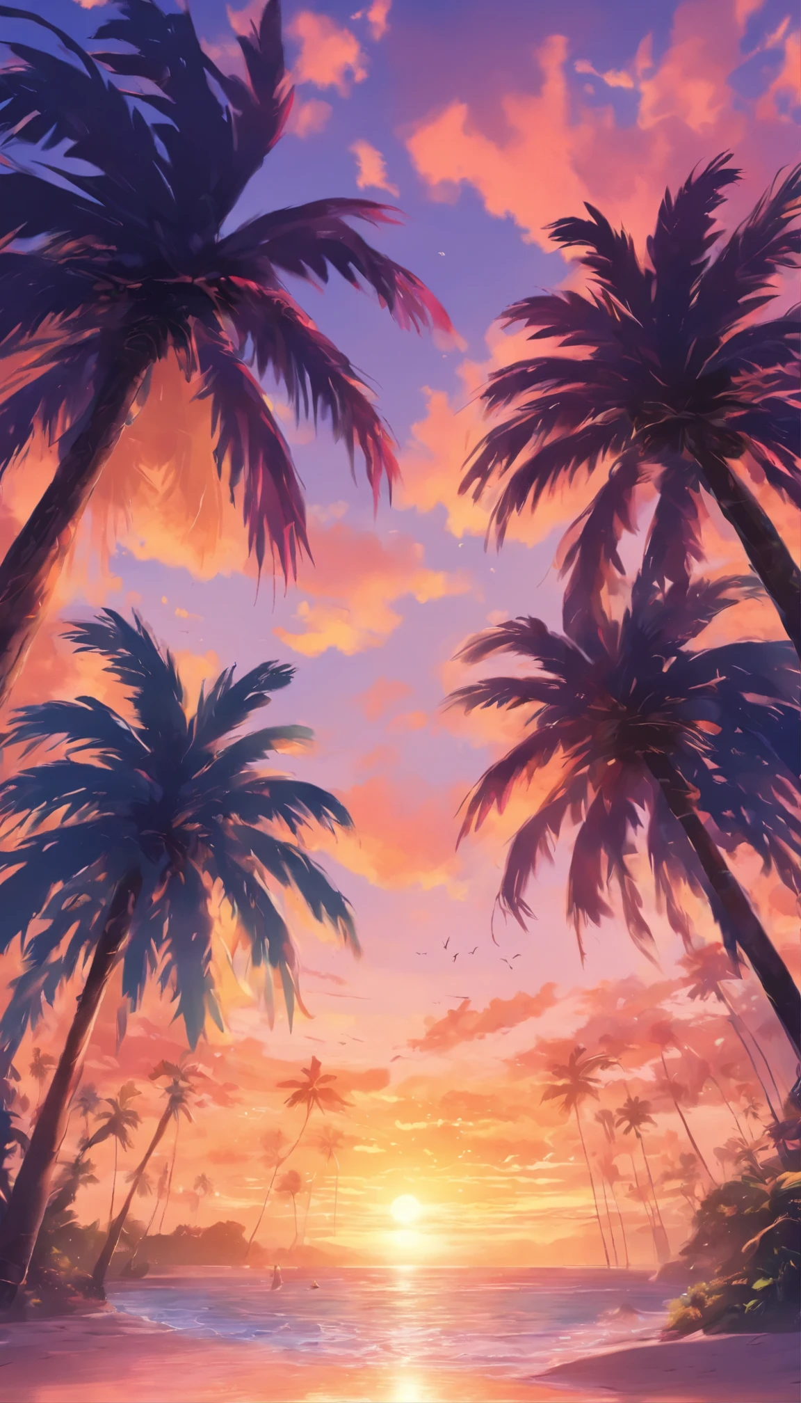 arafed view of a beach with palm trees and a sunset, palm trees, with palm trees in the back, palm trees in the background, palmtrees, palm trees james gurney, palms, tropical palms, tropical trees, beautiful magical palm beach, tropical atmosphere, tropical vibe, coconut trees, tropics, tropical paradise, palm trees on the beach