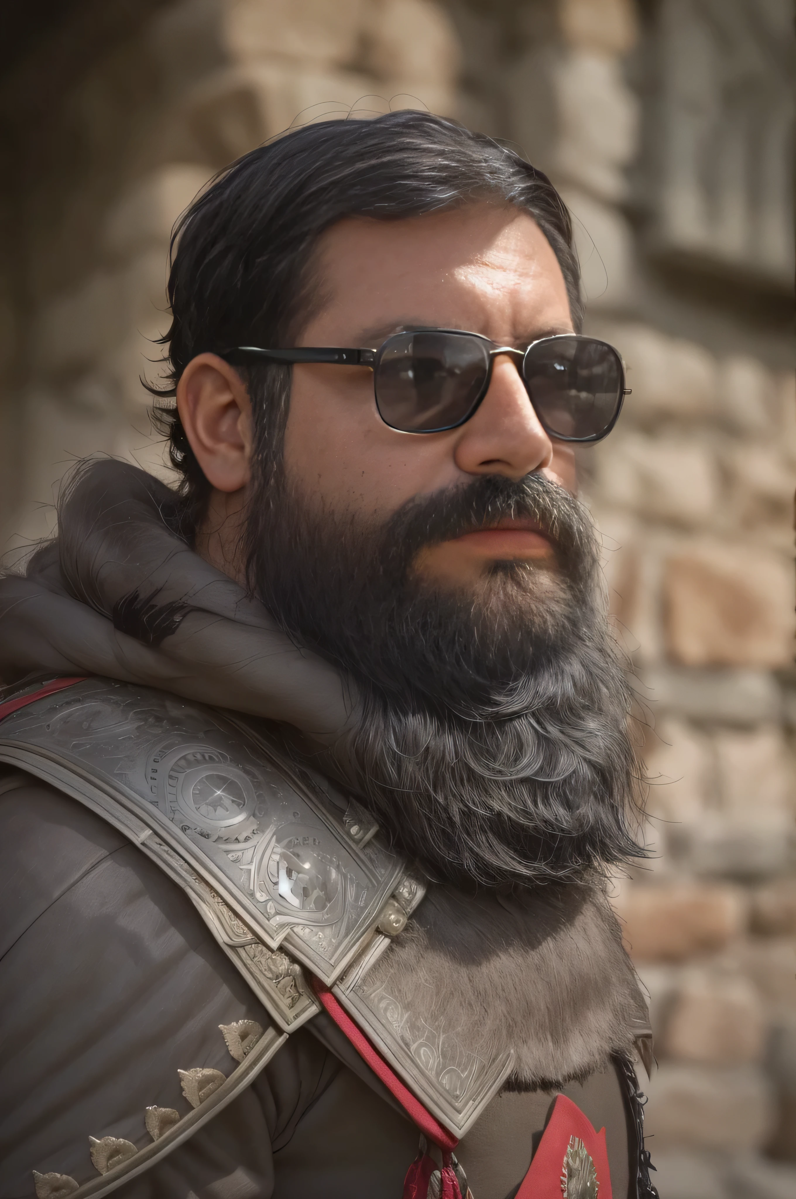 Un muy detallado, ultra-realistic photograph of a 38-year-old man with a beard and Gafas de sol. He is dressed in medieval knight costume., vistiendo una cota de malla, una sobrevesta con una cresta, y un casco de acero escondido debajo del brazo. El hombre se encuentra frente a la gran puerta de un castillo de piedra., con hiedra trepando por las paredes y pancartas ondeando con la brisa. Lighting is natural., con la luz del sol proyectando sombras realistas en su armadura y rostro. The focus is on the upper body, capturando los intrincados detalles de su barba, Gafas de sol, y las texturas de su cota de malla y sobrevesta. Background elements are slightly blurred to keep the focus on the man while also providing context to the historical setting..