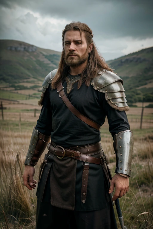 realistic male viking warrior, detailed facial features, standing on victorian battlefield, smoky scenery, (best quality,8k,highres,masterpiece:1.2),ultra-detailed,(realistic,photorealistic:1.37),cinematic,vivid colors,epic,dramatic,muscular body,battle-worn armor,fierce expression,glowing eyes,windblown hair,moody lighting,cloudy sky,grassy field,ruins in background