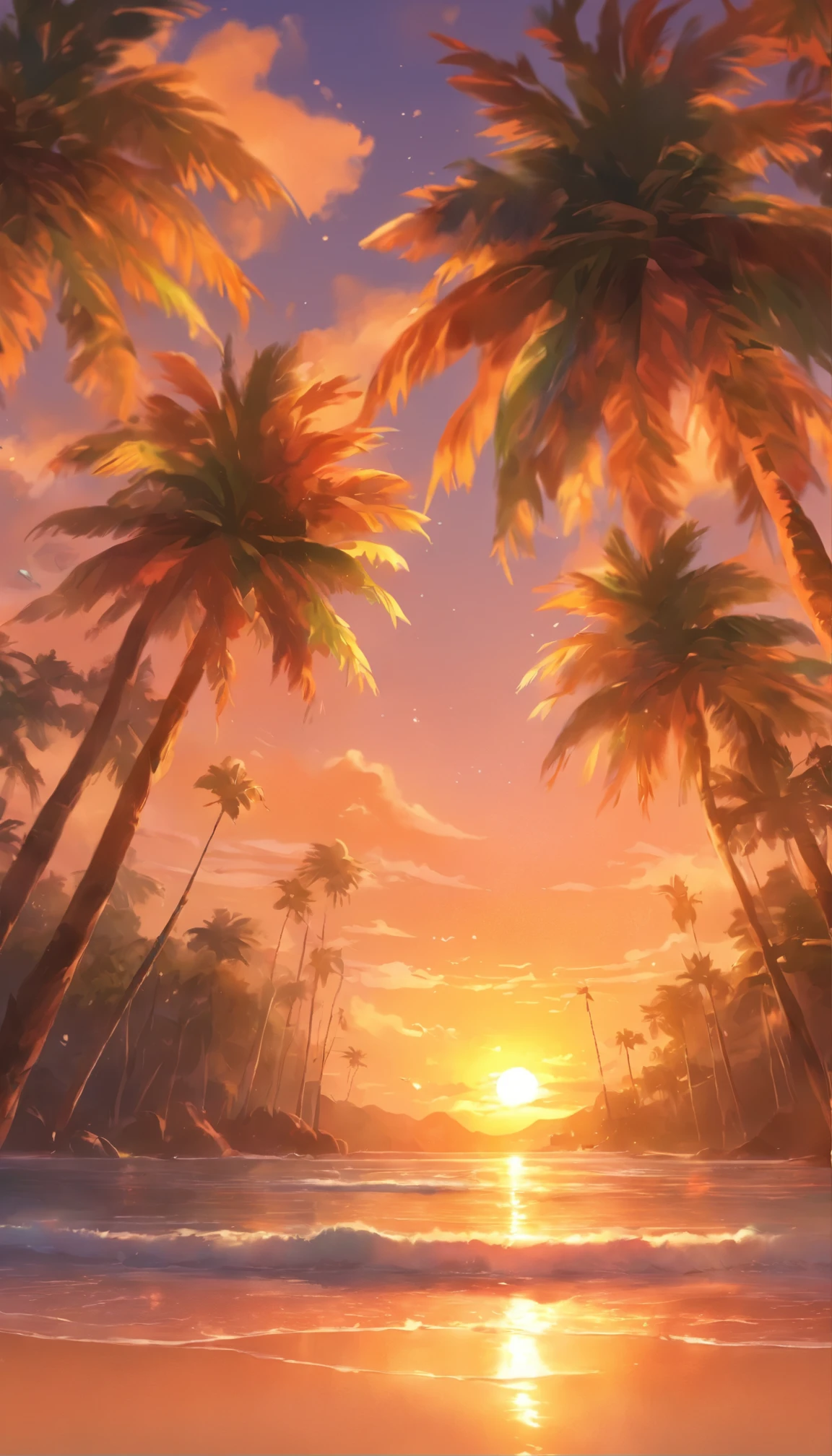 arafed view of a beach with palm trees and a sunset, palm trees, with palm trees in the back, palm trees in the background, palmtrees, palm trees james gurney, palms, tropical palms, tropical trees, beautiful magical palm beach, tropical atmosphere, tropical vibe, coconut trees, tropics, tropical paradise, palm trees on the beach