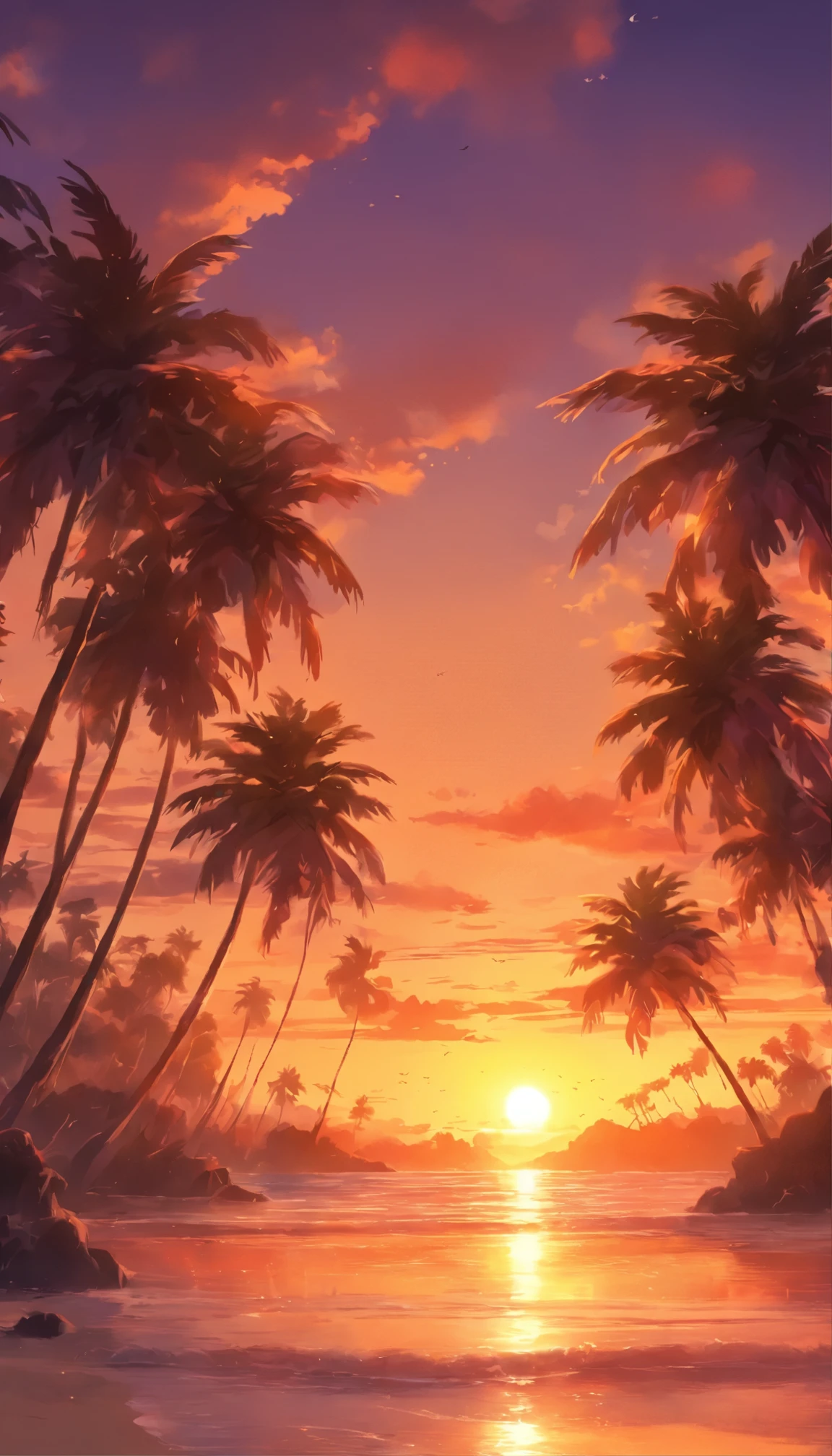 arafed view of a beach with palm trees and a sunset, palm trees, with palm trees in the back, palm trees in the background, palmtrees, palm trees james gurney, palms, tropical palms, tropical trees, beautiful magical palm beach, tropical atmosphere, tropical vibe, coconut trees, tropics, tropical paradise, palm trees on the beach