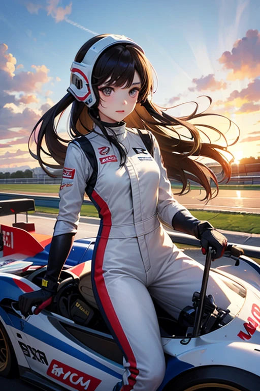 Female racing driver、Racing Suits、long hair、Helmet、