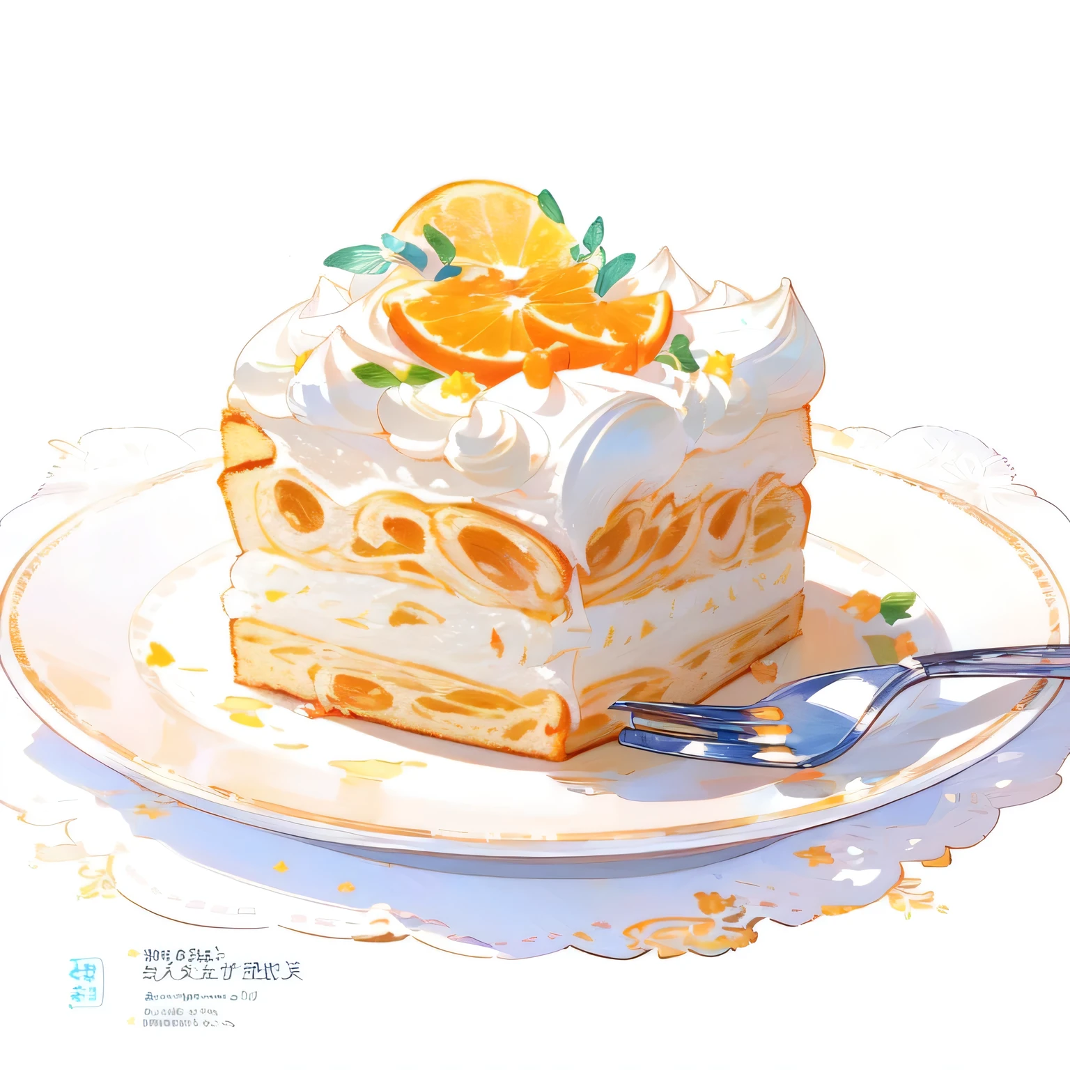 There is a cake with orange and white frosting on a plate, Great food illustrations, Anime Food, baking artwork, Hyperrealistic Food Photography, cake art, Cute and detailed digital art, Cute and detailed artwork, Written by Eizan Kikukawa, Soft anime illustration, Beautiful artwork, Pastries, Orange pastel color, Eat cake, a Beautiful artwork illustration, Beautiful and detailed anime art